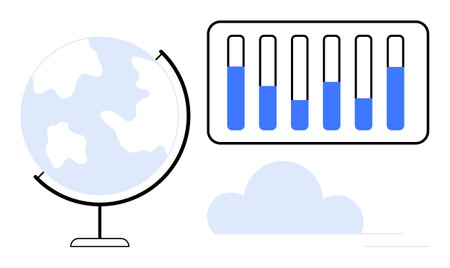 Globe with continents alongside vertical bar chart showcasing data and cloud element. Ideal for education, global analytics, data science, climate change, statistics, geography, simple landing pageのイラスト素材