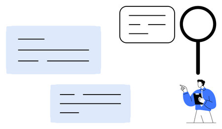 Person holding a clipboard, pointing at text boxes, next to a large magnifying glass. Ideal for research, analysis, data search, investigation, education, brainstorming flat simple metaphorのイラスト素材