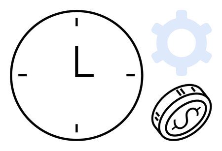 Minimal clock paired with a gear and a coin, emphasizing time optimization, work efficiency, and financial value. Ideal for productivity, business, planning, work-life balance, process improvementのイラスト素材