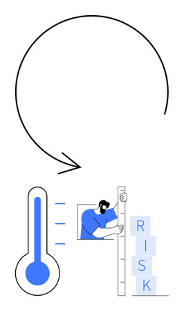 Thermometer indicating risk level, person adjusting a scale with RISK blocks, curving arrow symbolizing process. Ideal for risk management, evaluation, analysis, planning, decision-makingのイラスト素材