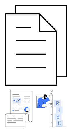 Stacked papers, graphs, analysis tools, person measuring with ruler, and blocks spelling RISK. Ideal for business, analytics, risk, planning corporate strategy and simple landing pageのイラスト素材