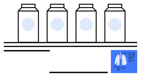 Four rectangular containers aligned on a shelf with a blue document featuring a lung icon and text. Ideal for healthcare, medicine, pharmacy, product design, research, packaging, medical landingのイラスト素材