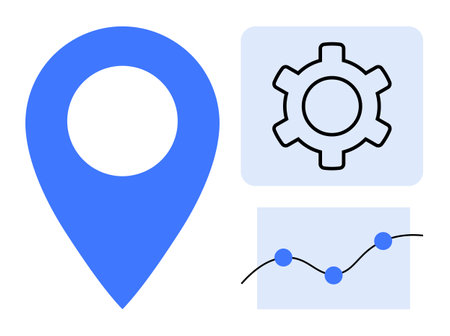 Blue location marker, gear icon, and line graph with data points. Ideal for navigation, data analysis, strategy, optimization, progress tracking, technology and simple landing pageのイラスト素材
