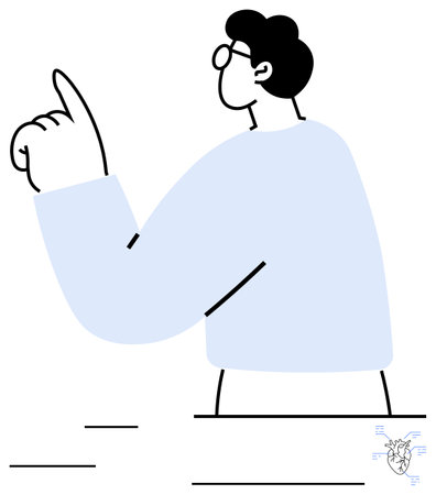Individual with glasses raising one finger as a gesture for emphasis, surrounded by minimalist linear elements. Ideal for education, leadership, guidance, authority, teaching, decision-makingのイラスト素材