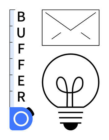 Tape measure with BUFFER, light bulb symbolizing ideas, and envelope for communication. Ideal for problem-solving, creativity, planning, measurement, teamwork, innovation and messaging flat simpleのイラスト素材