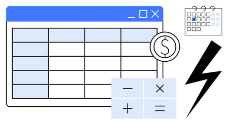Spreadsheet interface, dollar sign, calculator, calendar, and lightning bolt for fast operations. Ideal for budgeting, financial planning, calculations, productivity deadlines efficiency flatのイラスト素材