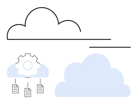Abstract cloud shapes linked with a central gear and file icons represent cloud storage, collaboration, and technology. Ideal for innovation, IT services, tech solutions, and data sharing. Flatのイラスト素材