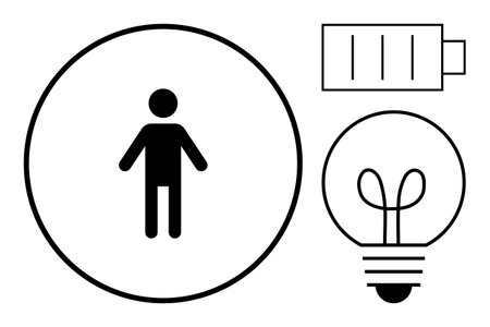 Human figure in circle, light bulb, and battery symbolizing energy, ideas, and efficiency. Ideal for energy management, productivity, sustainability, creativity innovation human potentialのイラスト素材