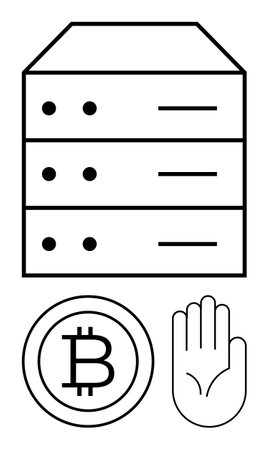 Server stack representing data storage, bitcoin icon symbolizing cryptocurrency, and hand signifying security or stop gesture. Ideal for data protection, blockchain, cryptocurrency, digital walletsのイラスト素材