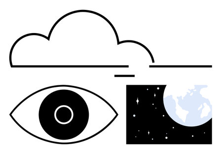 Cloud outline, eye symbol, segmented Earth alongside scattered stars. Ideal for technology, privacy, internet, data, connectivity, global reach simple landing pageのイラスト素材