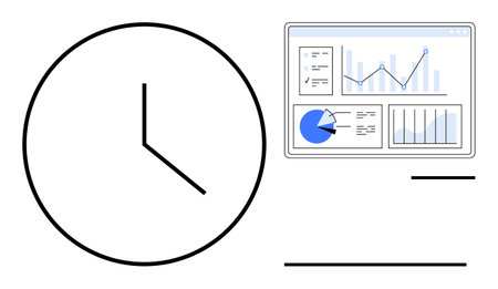 Clock icon symbolizes time management, paired with data charts and analytics dashboard. Ideal for...