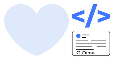 Large heart icon, coding tag, user post card with thumbs up count. Ideal for social media, web...