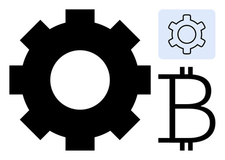Large black gear, smaller gear in a blue box, and Bitcoin symbol emphasize cryptocurrency, automation, blockchain, fintech. Ideal for technology, finance, innovation digital transformationのイラスト素材