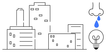 Buildings with nose dripping water symbolize air pollution, light bulb suggests innovation. Ideal for environmental impact, eco-innovation, sustainability, health awareness, smart cities, climateのイラスト素材