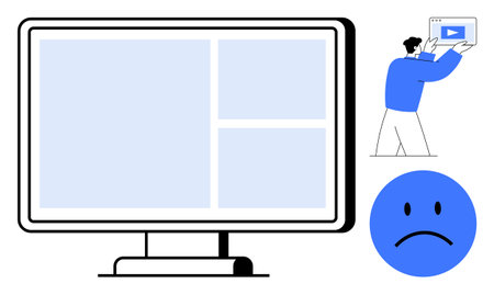 Large monitor with blank interface, person holding a video icon card, blue sad face emoticon. Ideal...