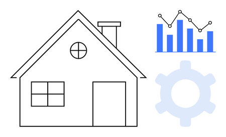 House drawing paired with blue data graphs and a gear, representing property analysis, system control, and optimization. Ideal for real estate, maintenance, analytics, investment, managementのイラスト素材