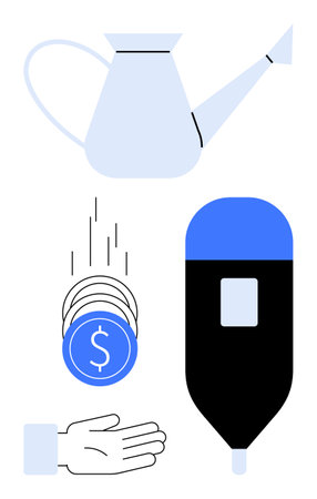 Watering can for nurturing, falling coins representing investment, outstretched hand for giving or receiving, and saving device for financial planning. Ideal for investment, growth, sustainabilityのイラスト素材