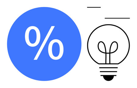 Blue percentage sign in a circle paired with a simple light bulb outline. Ideal for finance, innovation, savings, discounts, business strategies, creative solutions, conceptual ideas. Flat simpleのイラスト素材