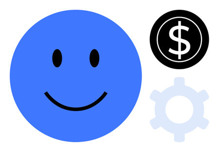 Blue smiling face, black circle with dollar sign, and light gray gear. Ideal for success, happiness,...