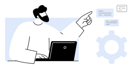 Man gesturing toward floating communication boxes beside gear icon while working on a laptop. Ideal for teamwork, collaboration, problem-solving, communication, workflow, project management, flatのイラスト素材