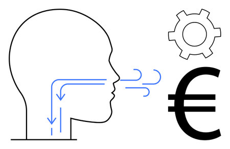 Human profile exhaling air with blue flow arrows, gear for functionality, and euro sign for economy. Ideal for health, technology, finance, economics, innovation, analytics simple landing pageのイラスト素材