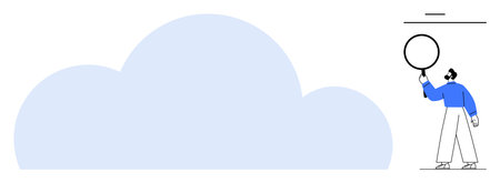 Person analyzing large cloud using magnifying glass, symbolizing cloud storage, innovation,...