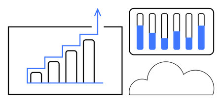 Bar chart with upward arrow signifying growth, chart metrics displayed above cloud. Ideal for business analysis, data growth, cloud technology, performance monitoring, market trends, financialのイラスト素材