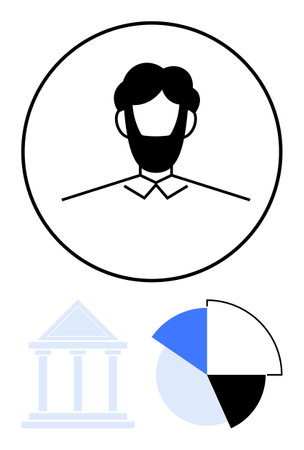 Minimalist person icon in a circle, pie chart in three colors, and classical building outline. Ideal for business, governance, analytics, finance, education, user identity flat simple metaphorのイラスト素材