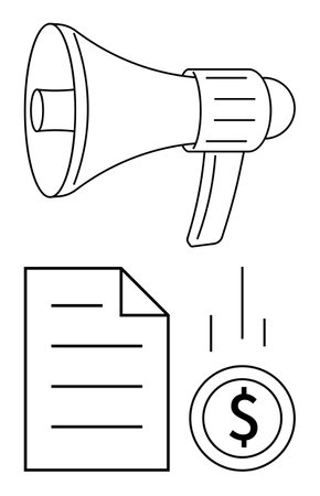 Megaphone and document promote strategy and outreach, while falling coin suggests financial growth. Ideal for marketing, advertising, business planning, strategy, digital marketing, branding, flatのイラスト素材