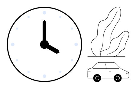 Analog clock with black hands, a simple car illustration, and stylized plant leaves. Ideal for time...