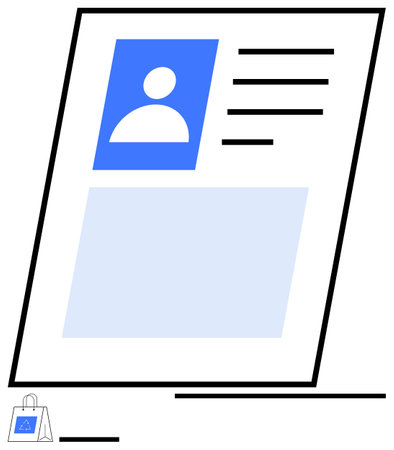 User profile card with avatar, details, and highlighted section. Includes a small shopping bag symbol. Ideal for e-commerce, user interface, profile settings, online identity, digital design appsのイラスト素材