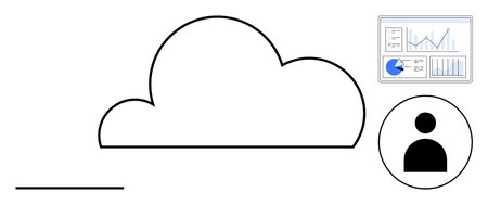 Cloud with user account icon and analytics dashboard featuring charts and graphs. Ideal for technology, cloud storage, data analytics, user management, business tools, online services, simple landingのイラスト素材
