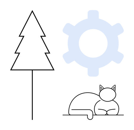 Thin outlined minimalist tree, soft transparent gear, and relaxed cat. Ideal for nature, technology, relaxation, creativity, systems balance design. Clean flat simple metaphorのイラスト素材