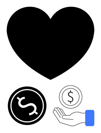 Black heart shape, coin with dollar sign, and open hand symbolize love, giving, and monetary help. Ideal for charity, donation, kindness, financial aid community support nonprofits simple landingのイラスト素材