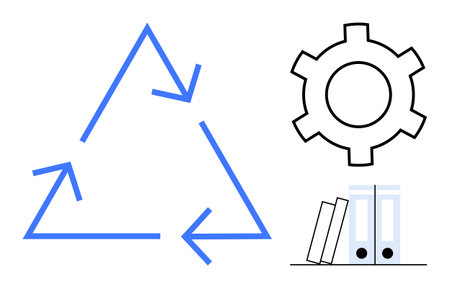 Triangular recycling arrows alongside a gear and office binders. Ideal for sustainability, workflow,...