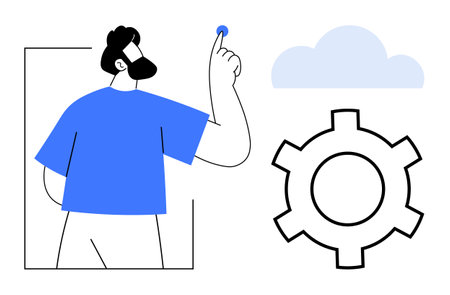 Man touching button, large gear, cloud icon in minimal blue-black design. Ideal for cloud computing, automation, technology, innovation, workflow optimization, digital processes simple landing pageのイラスト素材