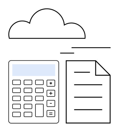 Cloud above a calculator and a document with text lines symbolizing digital finance, accounting, and cloud storage. Ideal for bookkeeping, finance, cloud solutions, organization, remote workのイラスト素材