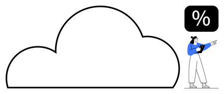 Empty cloud outline with a woman holding a tablet, pointing at a percentage icon. Ideal for discounts, savings, cloud storage, promotions, offers, marketing, simple landing pageのイラスト素材