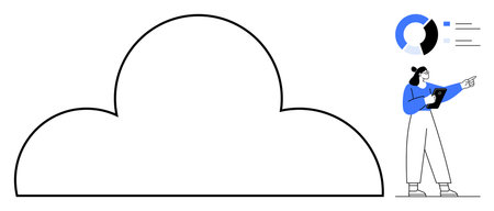 Woman holding tablet and pointing at data analytics charts near cloud outline. Ideal for cloud computing, data analysis, IT, remote work, software, innovation, simple landing pageのイラスト素材