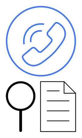 Phone call symbol inside a circle, magnifying glass, and document with lines combining themes of communication, information search, and document review. Ideal for research, investigation, customerのイラスト素材