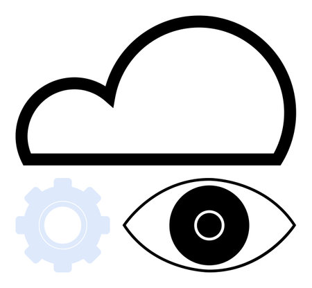 Black cloud outline above gear and eye symbol. Ideal for technology, data analysis, AI, cybersecurity, innovation, cloud storage simple landing page. Line metaphor. Simple line iconsのイラスト素材