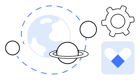 Earth surrounded by orbiting planets, a gear symbolizing technology, and an abstract app icon with a...