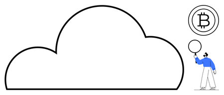 Minimalist cloud outline with a person connecting it to the Bitcoin symbol. Ideal for cryptocurrency, cloud computing, blockchain, digital finance, innovation, technology, simple landing pageのイラスト素材