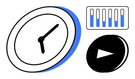 Clock indicating time, bar graph highlighting progress, and play button suggesting action. Ideal for...