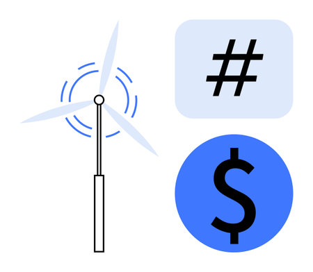 Wind turbine generating energy, metadata tag for communication, dollar sign symbolizing economy....