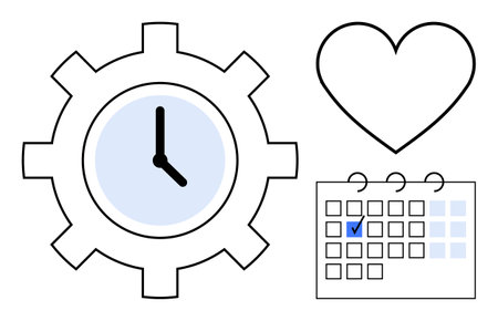 Clock inside gear for productivity, calendar with checkmark for scheduling, heart for passion. Ideal for planning, efficiency, work-life balance, time management, prioritization, self-careのイラスト素材