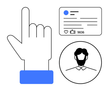 Hand pointing upward, user profile icon, and a social card featuring thumbs ups, comments, and followers count. Ideal for social media, UI design, engagement, networking interaction digitalのイラスト素材