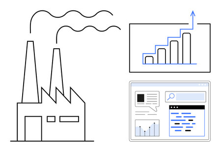 Factory structure with smoke emissions, bar chart growth with arrow, and analytical dashboard. Ideal for industry growth, technology progress, data analytics, business strategy, productionのイラスト素材