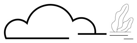 Black outlined cloud with horizontal lines and plant outline. Ideal for nature, environment, minimalism, eco-friendly, simplicity, calmness, and abstract elements. Perfect for simple landing pageのイラスト素材