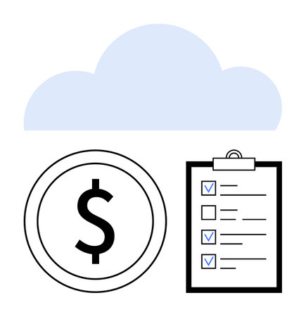 Dollar sign coin, clipboard with checklist, and cloud graphic. Ideal for finance, organization, cloud storage, planning, digital tools, data management simple landing pageのイラスト素材